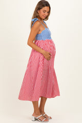 Red Gingham Colorblock Scallop Trim Maternity Midi Dress
