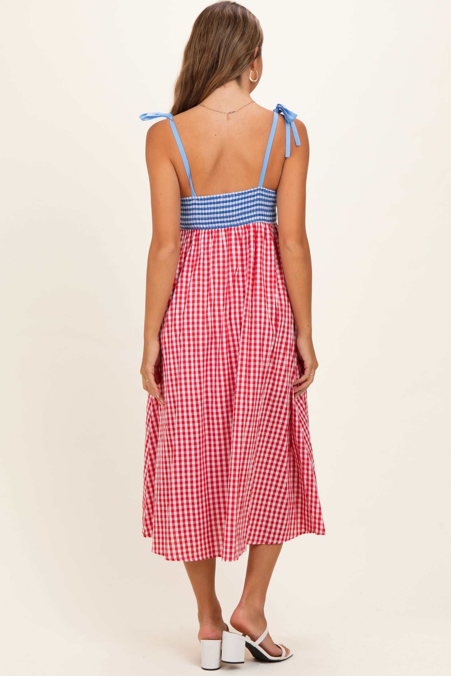 pink and red colorblock dress Red Gingham Colorblock Scallop Trim Maternity Midi Dress – PinkBlush