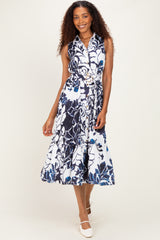 Navy Floral Belted Sleeveless Maternity Shirt Dress
