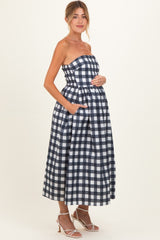 Navy Gingham Strapless Maternity Midi Dress