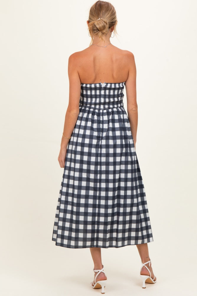 Navy Gingham Strapless Maternity Midi Dress
