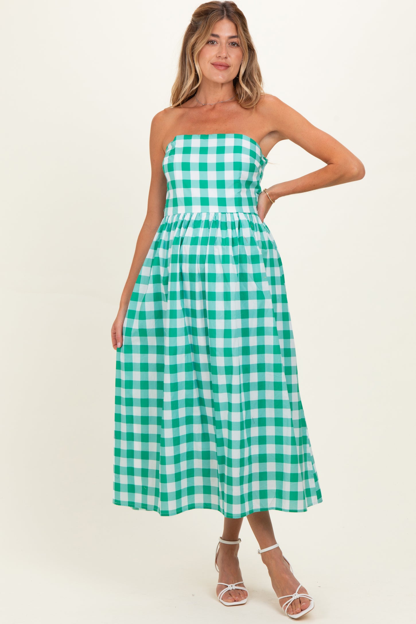Green Gingham Strapless Maternity Midi Dress
