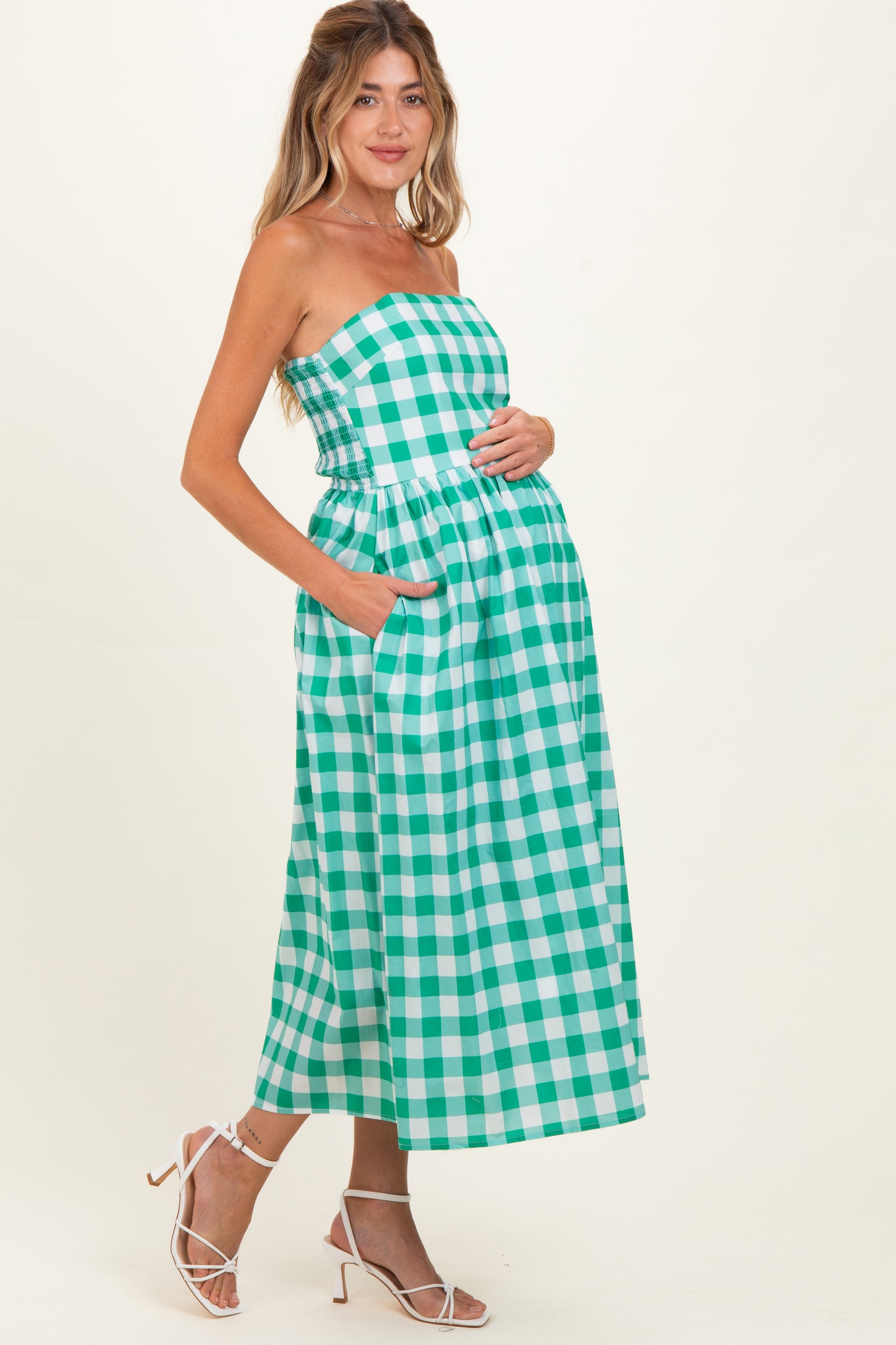 Green Gingham Strapless Maternity Midi Dress