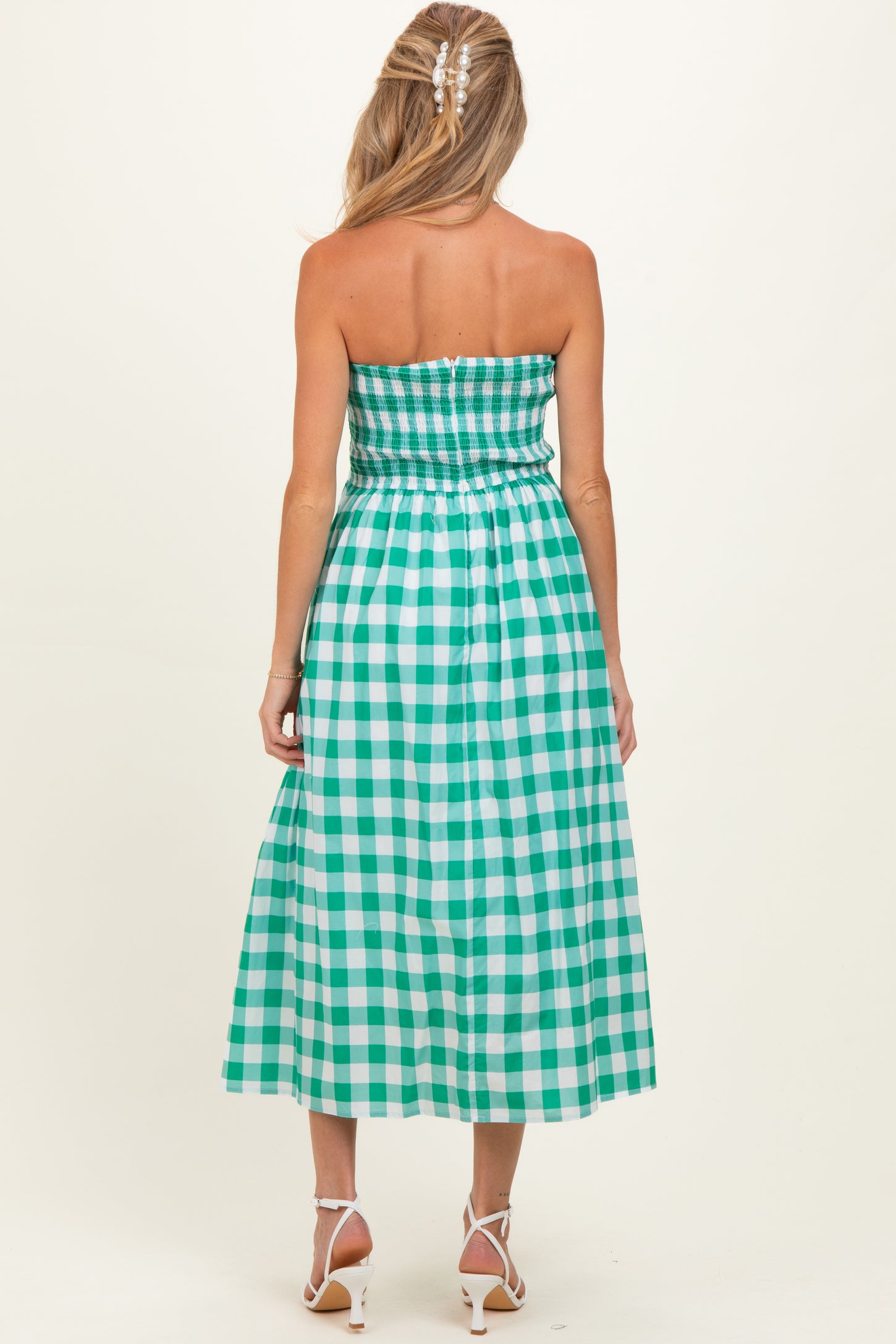Green Gingham Strapless Maternity Midi Dress