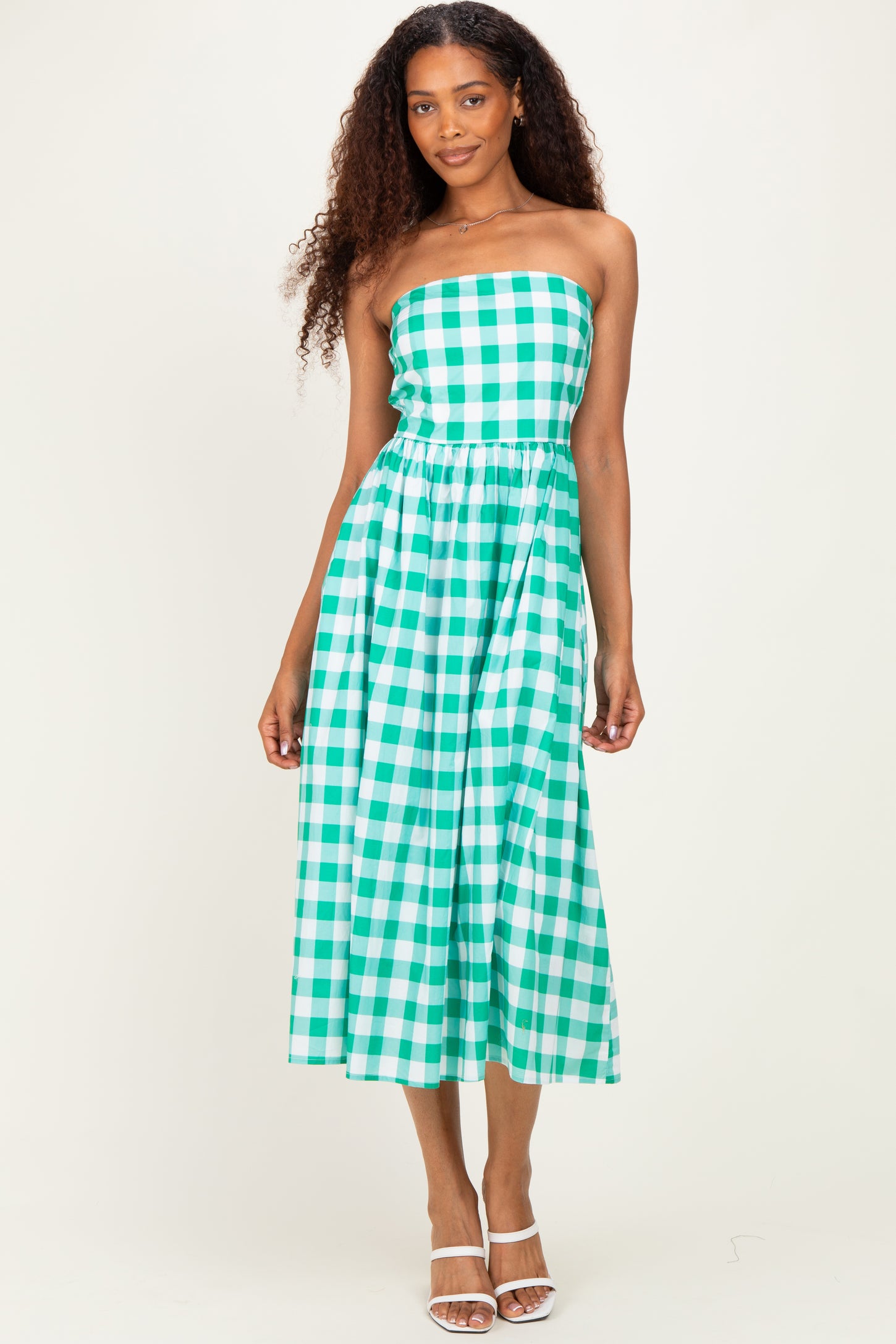 green gingham maternity dress Violet Romance Maternity shirred bust midi dress in green gingham