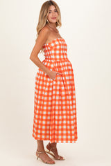 Orange Gingham Strapless Maternity Midi Dress