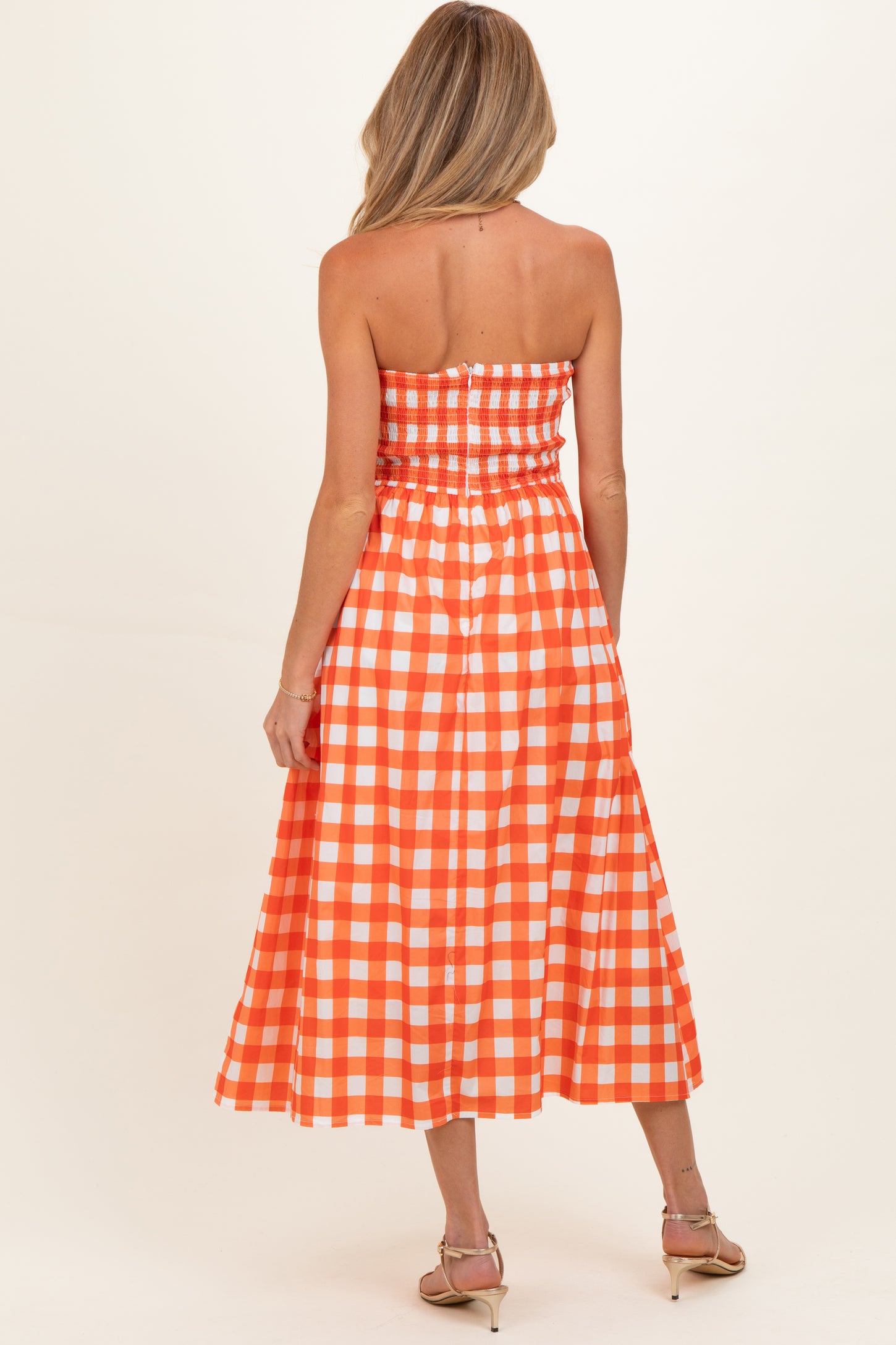 Orange Gingham Strapless Maternity Midi Dress