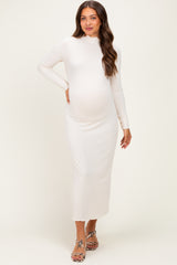 Cream Ruffle Mock Neck Long Sleeve Maternity Midi Dress