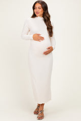 Cream Ruffle Mock Neck Long Sleeve Maternity Midi Dress