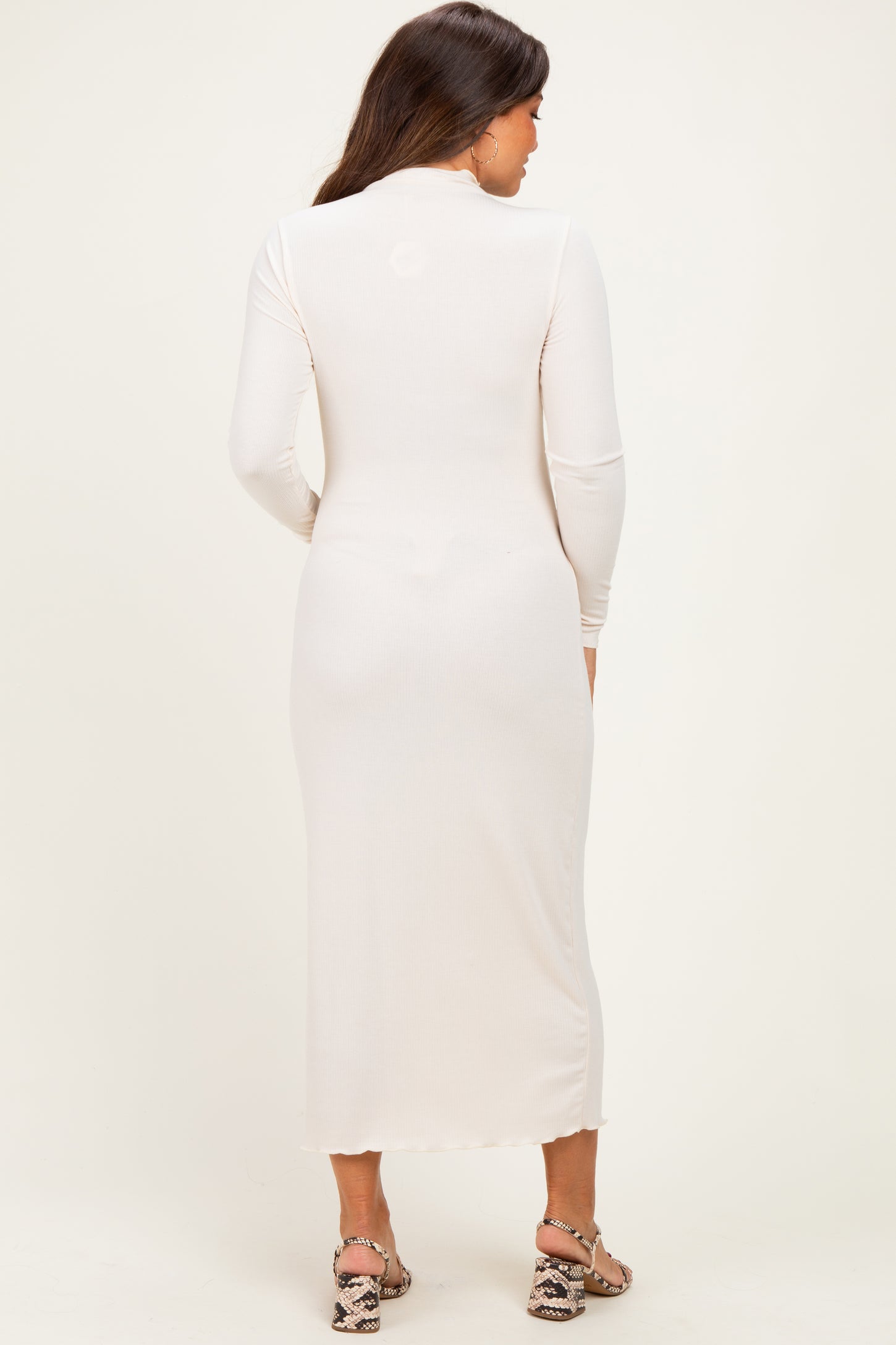 Cream Ruffle Mock Neck Long Sleeve Maternity Midi Dress