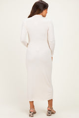 Cream Ruffle Mock Neck Long Sleeve Maternity Midi Dress
