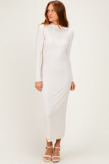 Cream Ruffle Mock Neck Long Sleeve Midi Dress