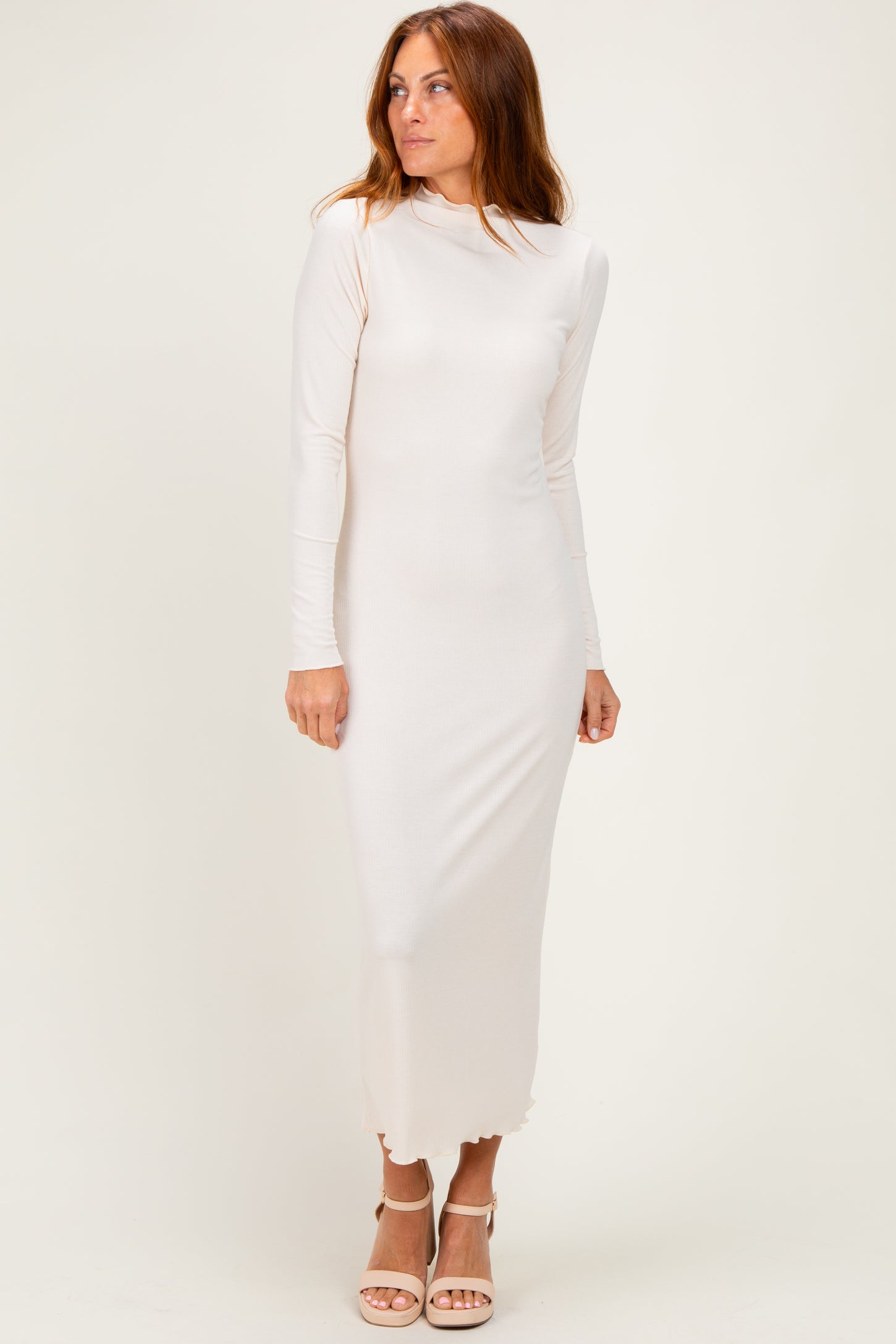 Cream Ruffle Mock Neck Long Sleeve Maternity Midi Dress