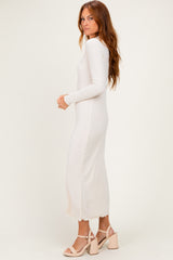 Cream Ruffle Mock Neck Long Sleeve Midi Dress