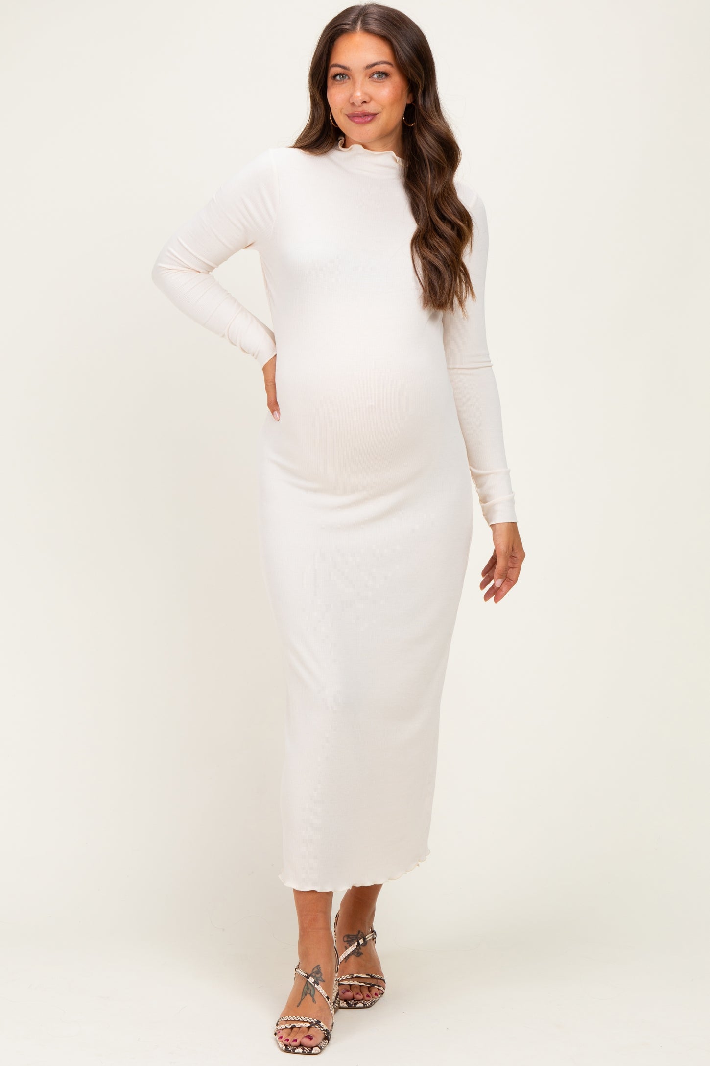 Cream Ruffle Mock Neck Long Sleeve Maternity Midi Dress