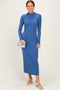 Navy Ruffle Mock Neck Long Sleeve Midi Dress
