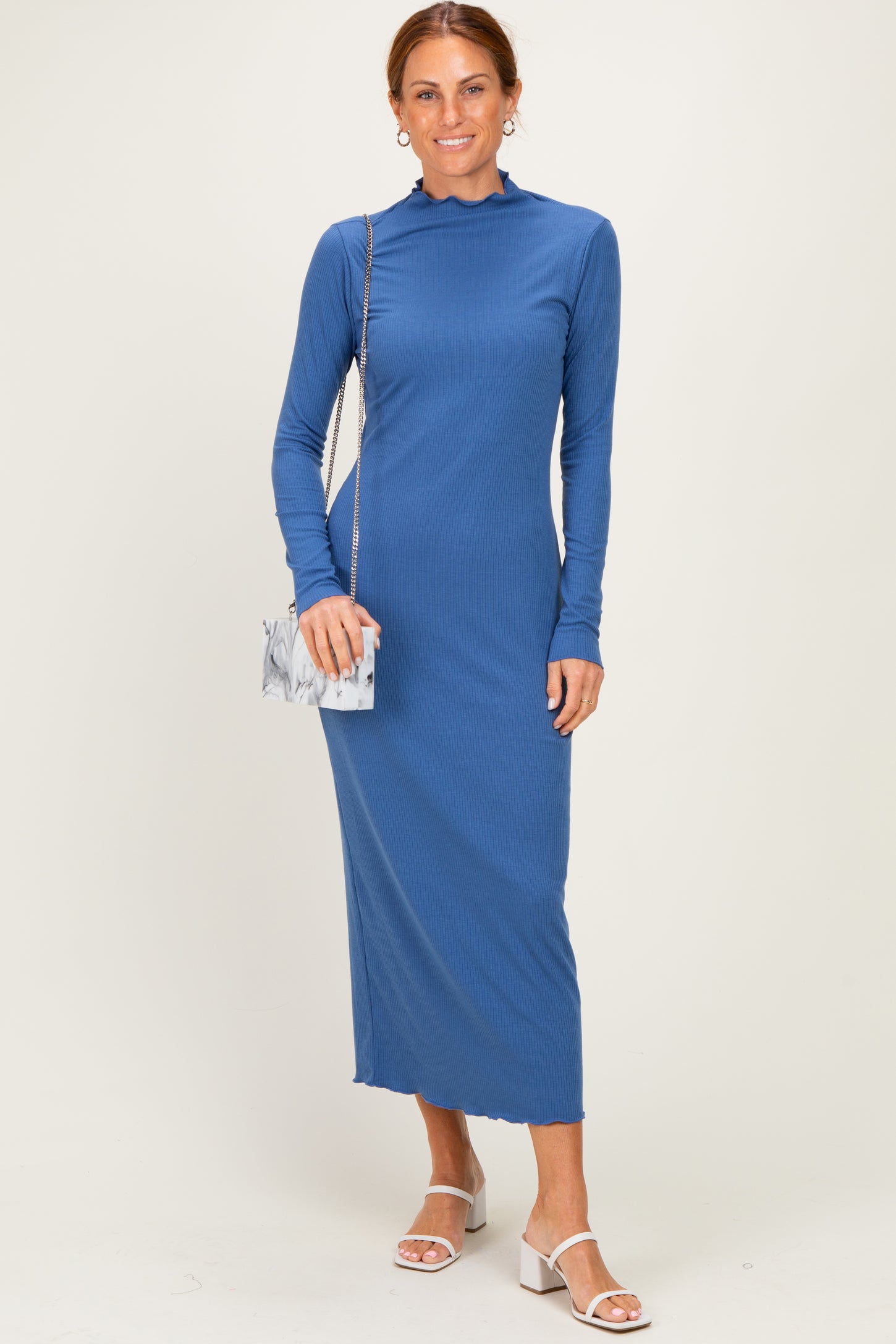Navy Ruffle Mock Neck Long Sleeve Maternity Midi Dress