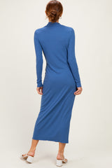 Navy Ruffle Mock Neck Long Sleeve Midi Dress