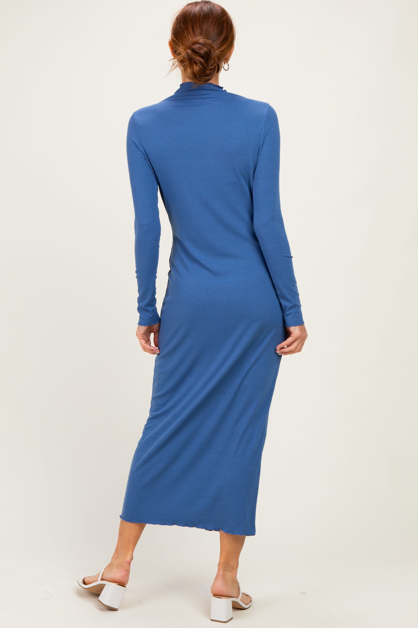 Navy Ruffle Mock Neck Long Sleeve Midi Dress