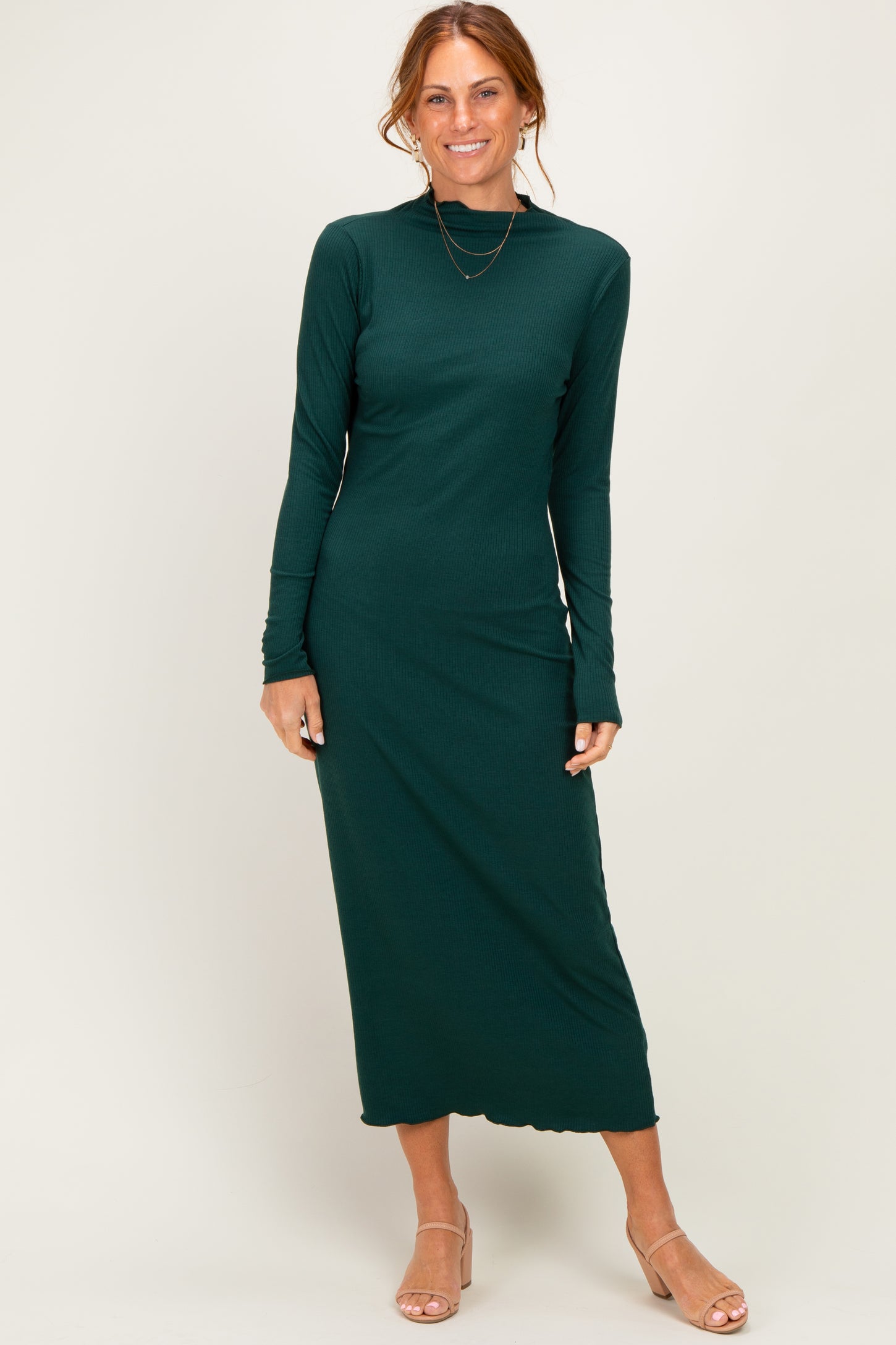 Hunter Green Ruffle Mock Neck Long Sleeve Maternity Midi Dress – PinkBlush