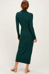 Hunter Green Ruffle Mock Neck Long Sleeve Midi Dress