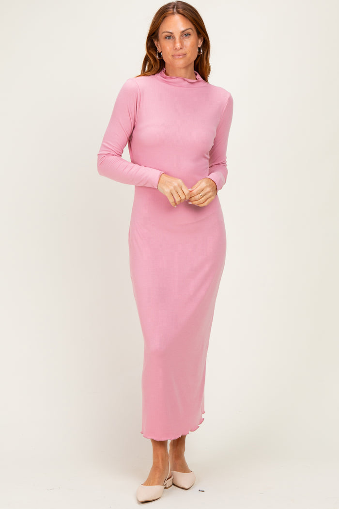 Mauve Ruffle Mock Neck Long Sleeve Maternity Midi Dress