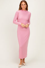 Mauve Ruffle Mock Neck Long Sleeve Midi Dress