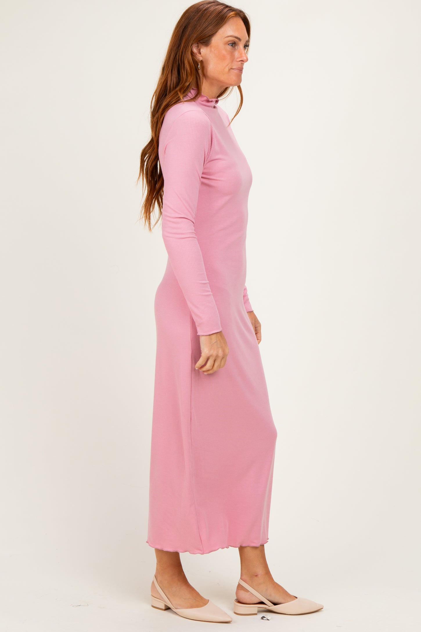 Mauve Ruffle Mock Neck Long Sleeve Midi Dress