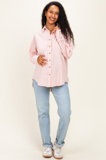 Pink Oversized Striped Button Down Long Sleeve Maternity Shirt