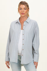 Blue Oversized Striped Button Down Long Sleeve Maternity Shirt