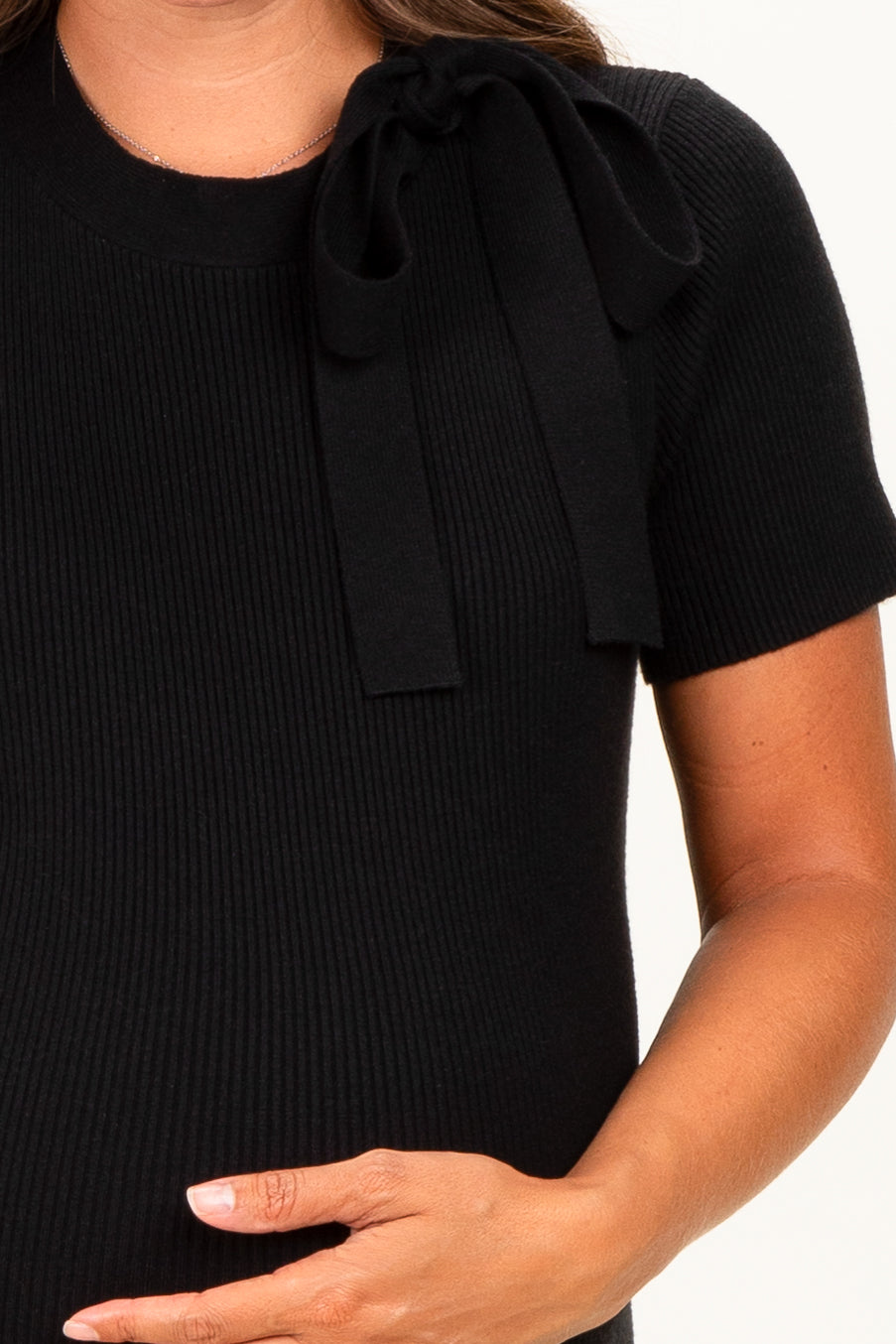 Black Tie Neck Short Sleeve Knit Maternity Dress
