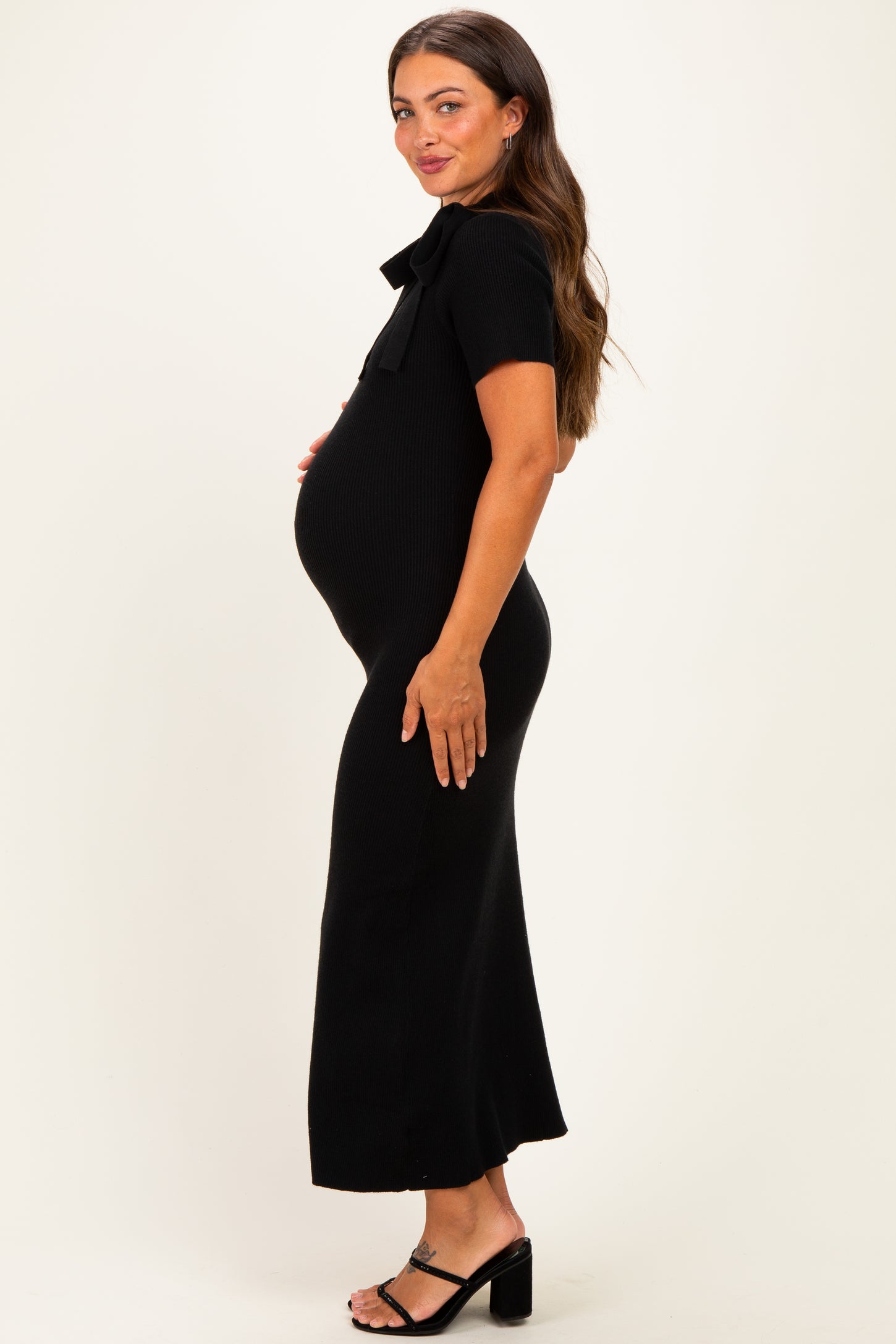 Black Tie Neck Short Sleeve Knit Maternity Dress – PinkBlush