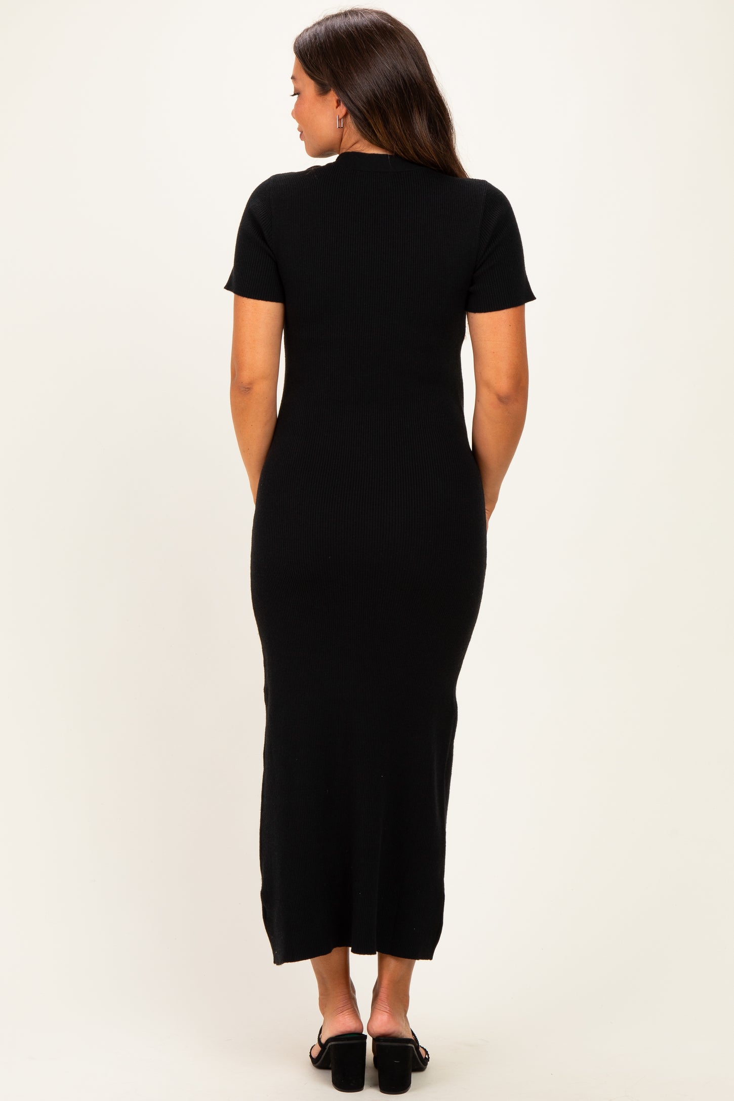 Black Tie Neck Short Sleeve Knit Maternity Dress