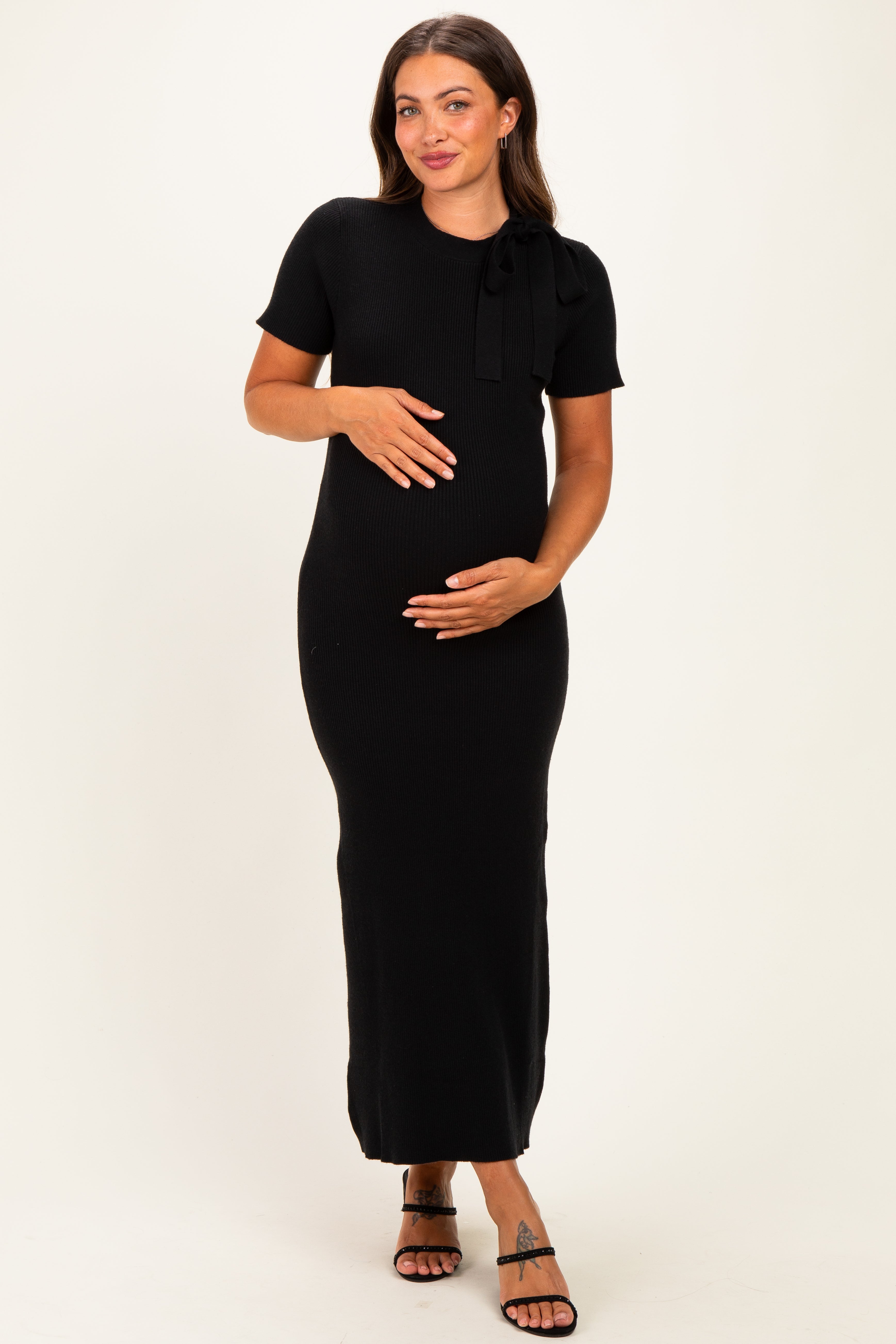 Black Tie Neck Short Sleeve Knit Maternity Dress