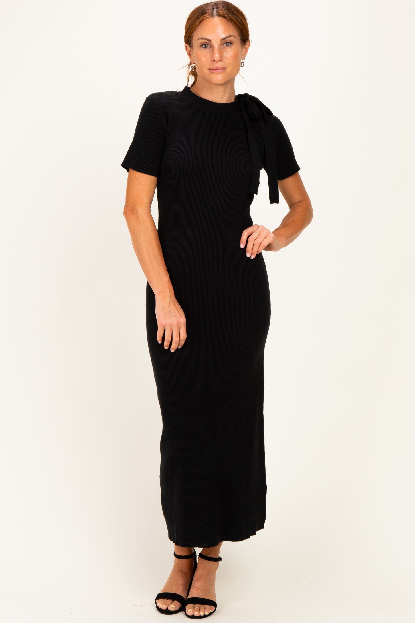 Black Tie Neck Short Sleeve Knit Dress