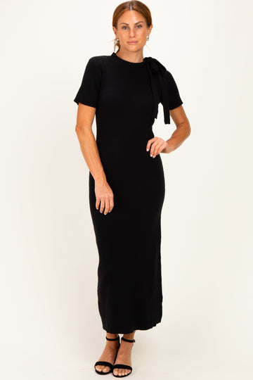 Black Tie Neck Short Sleeve Knit Dress