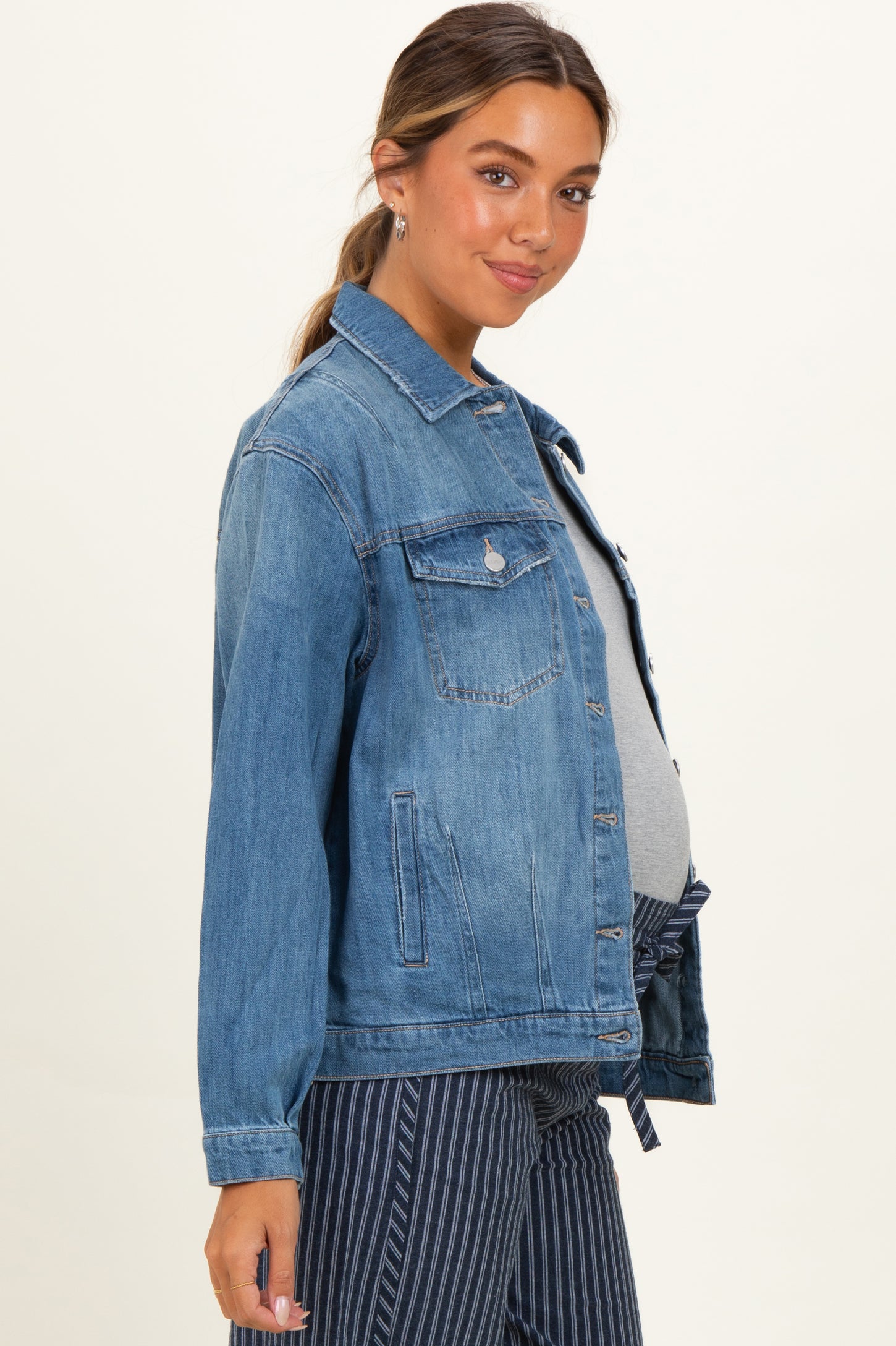 Medium Wash Oversized Maternity Denim Jackets