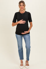 Black Ribbed Ruched Fitted Maternity Top