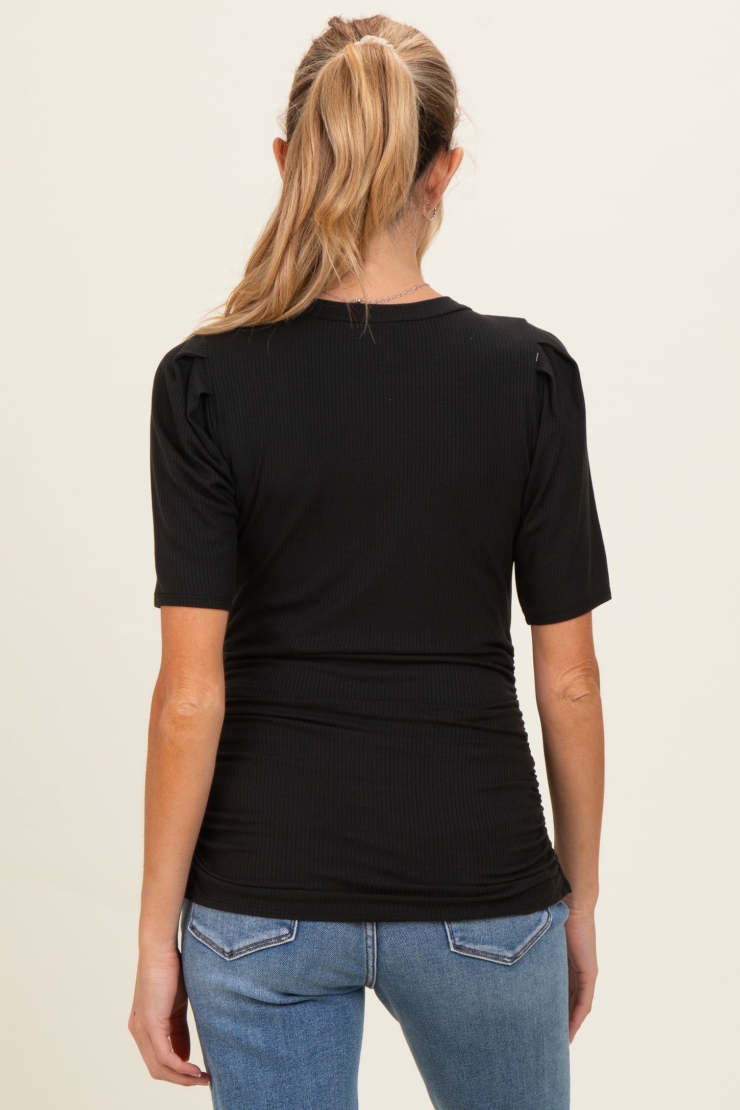 Black Ribbed Ruched Fitted Maternity Top