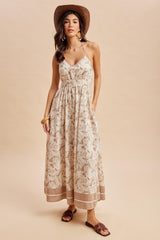 Beige Printed Cutout Tie Back Maternity Maxi Dress