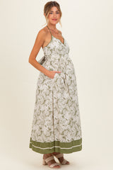 Olive Palm Printed Cutout Tie Back Maternity Maxi Dress