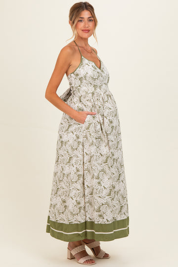 Olive Palm Printed Cutout Tie Back Maternity Maxi Dress