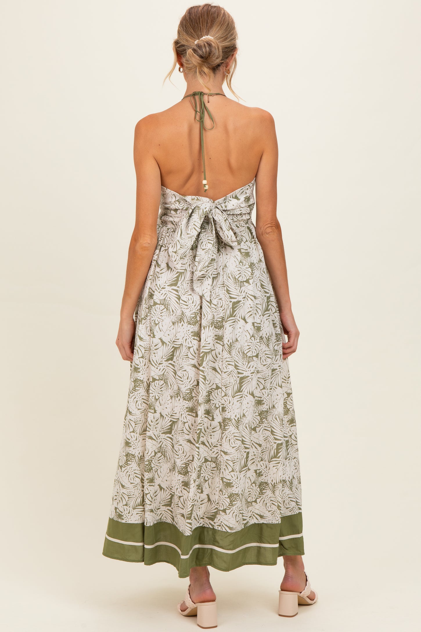 Olive Palm Printed Cutout Tie Back Maternity Maxi Dress