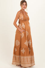 Sandalwood Printed Smocked Halter Maternity Maxi Dress