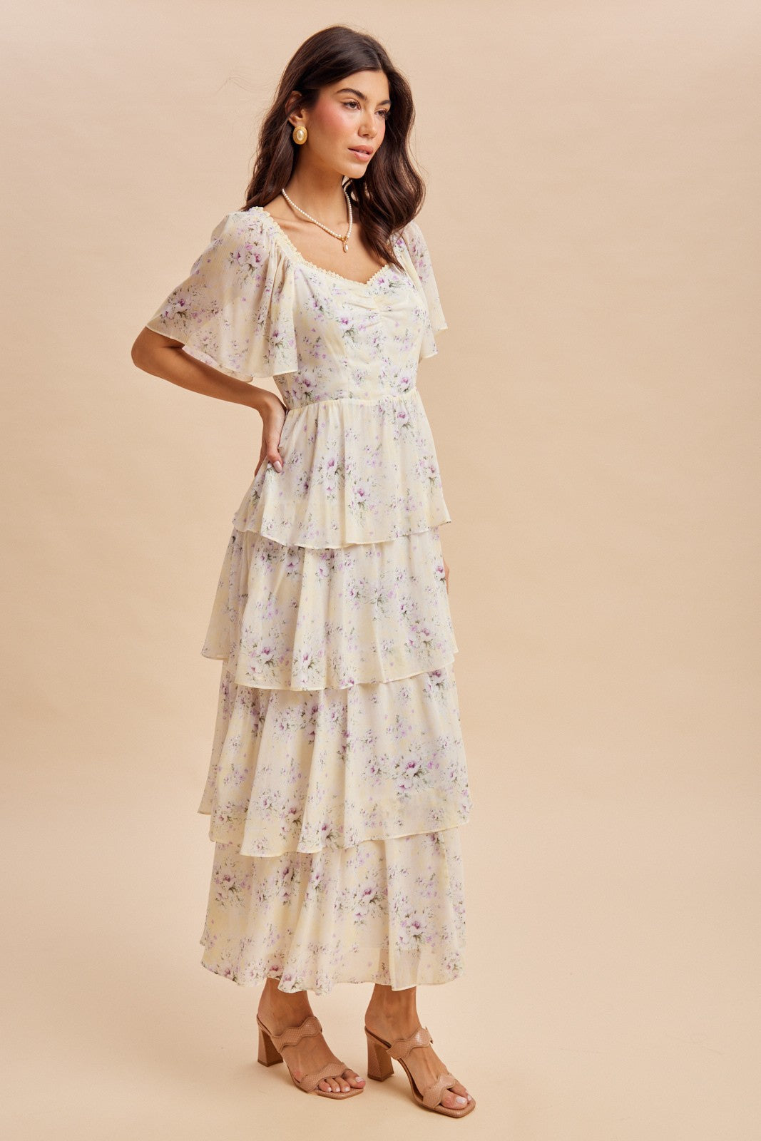 maxi dress with flounce Lemon Floral Flounce Tiered Maxi Dress