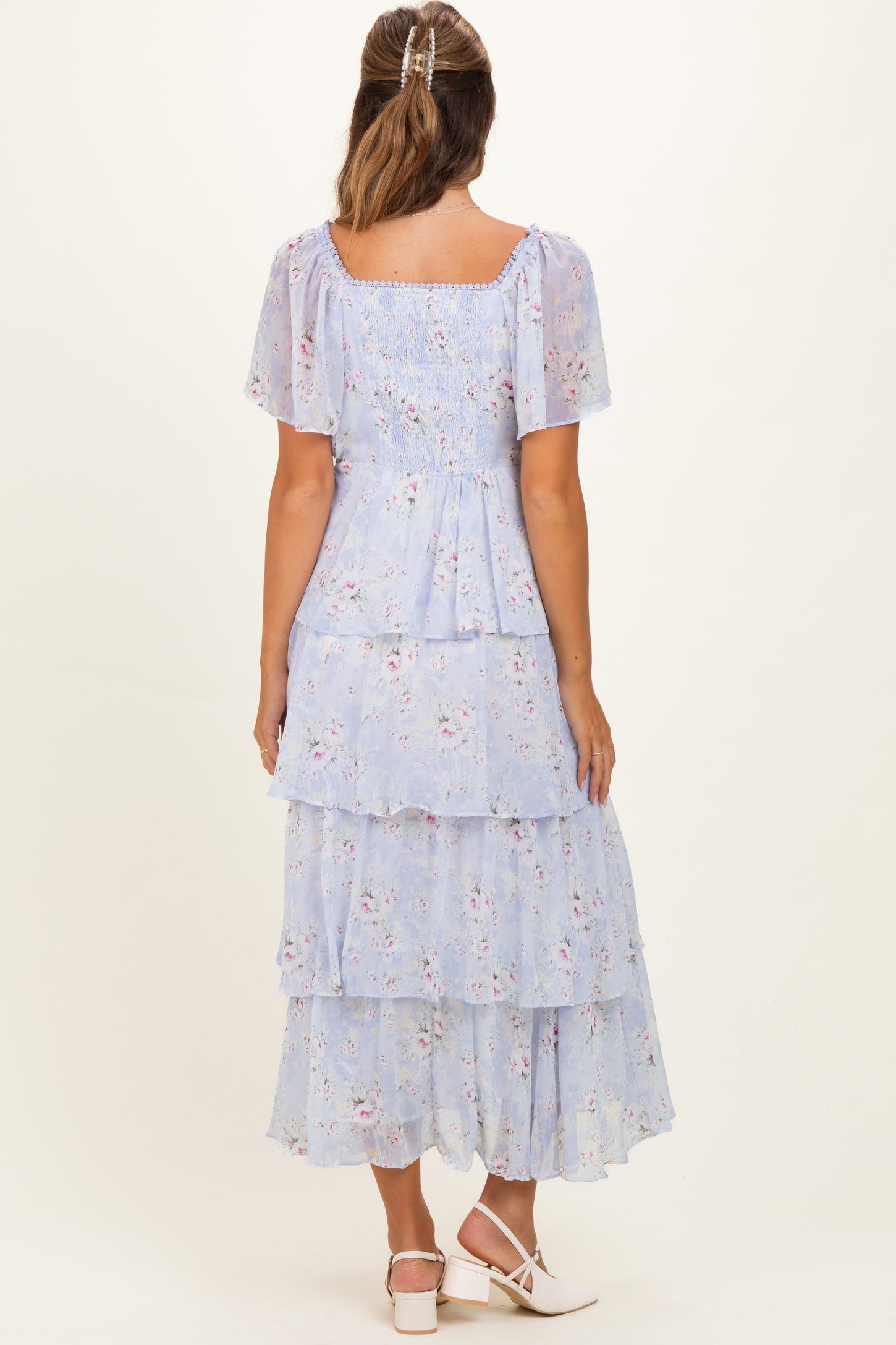 Periwinkle Floral Flounce Tiered Maternity Maxi Dress