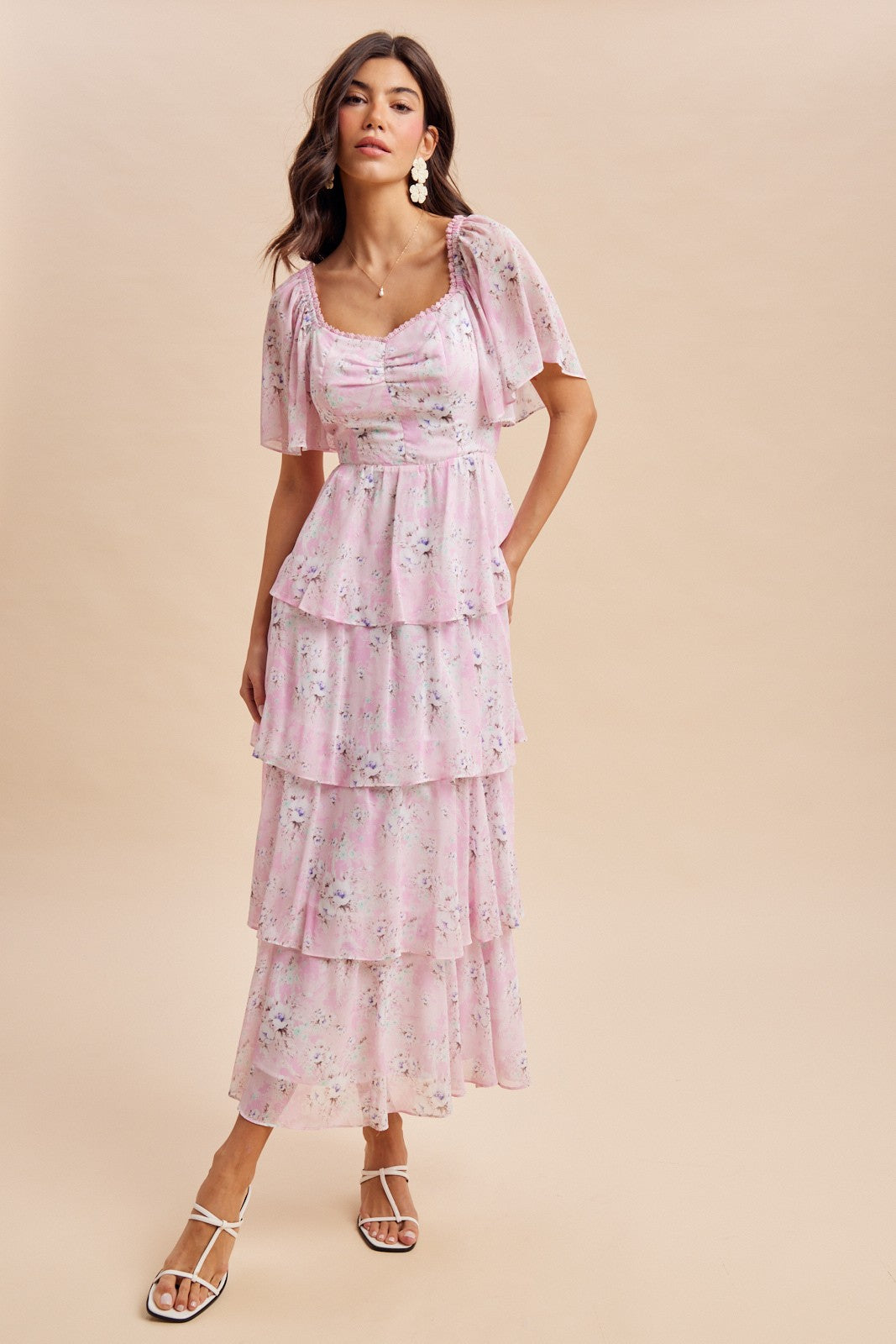 Sweet Pink Floral Flounce Tiered Maxi Dress