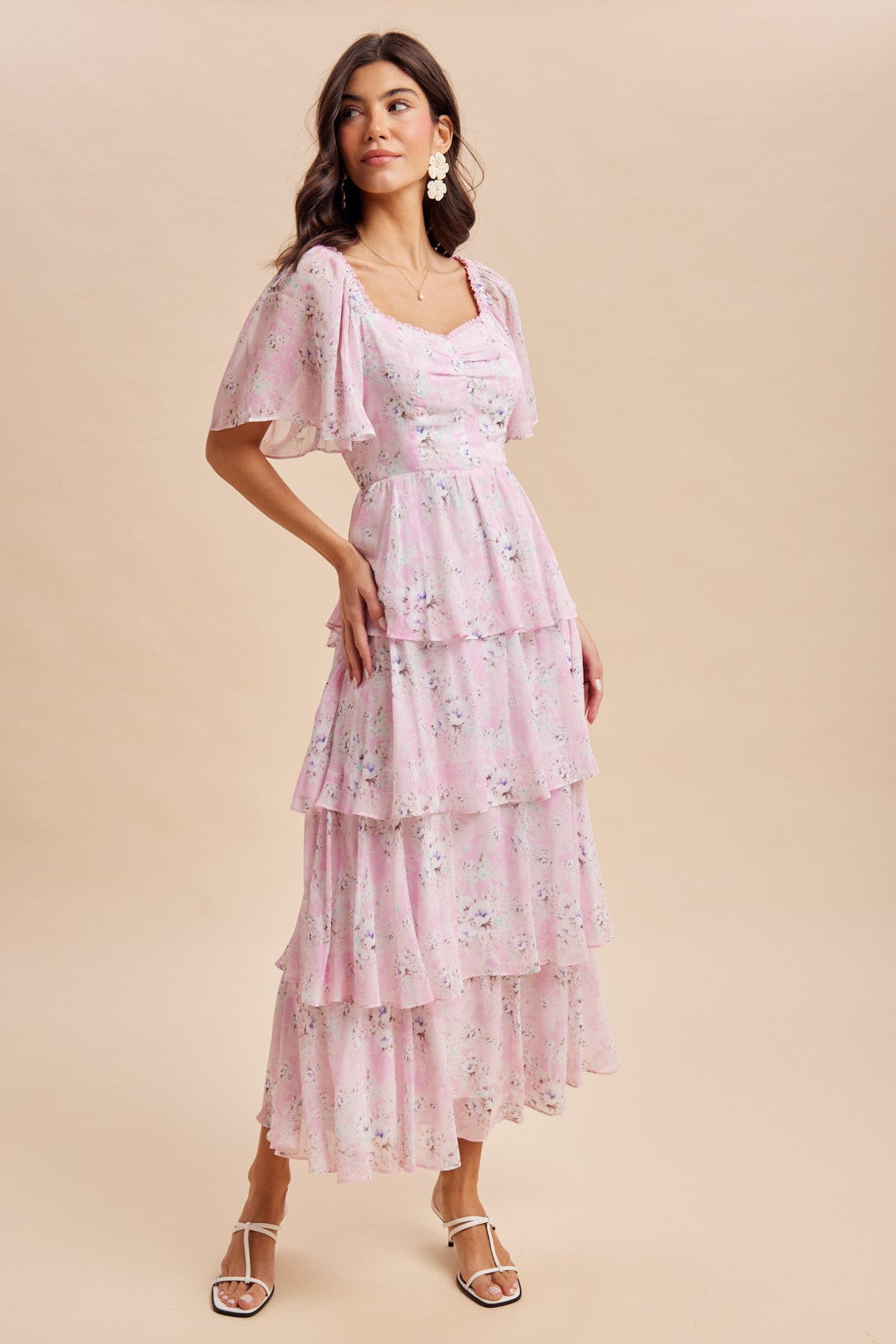maxi flounce dress Sweet Pink Floral Tiered vitamin d The HoneyBloom Classic Midi COLOR:DARK BROWN A side zipper closure