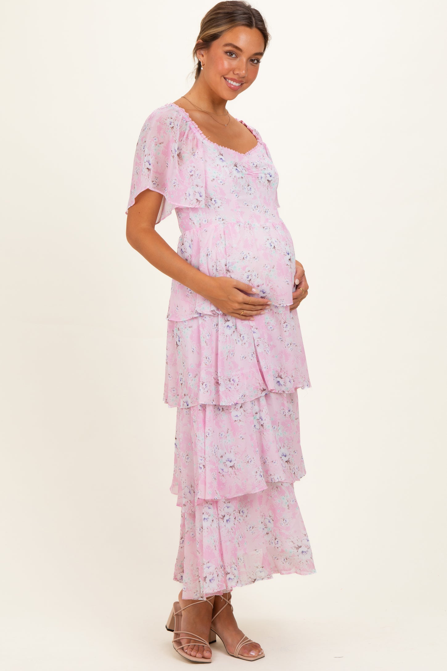 Sweet Pink Floral Flounce Tiered Maternity Maxi Dress