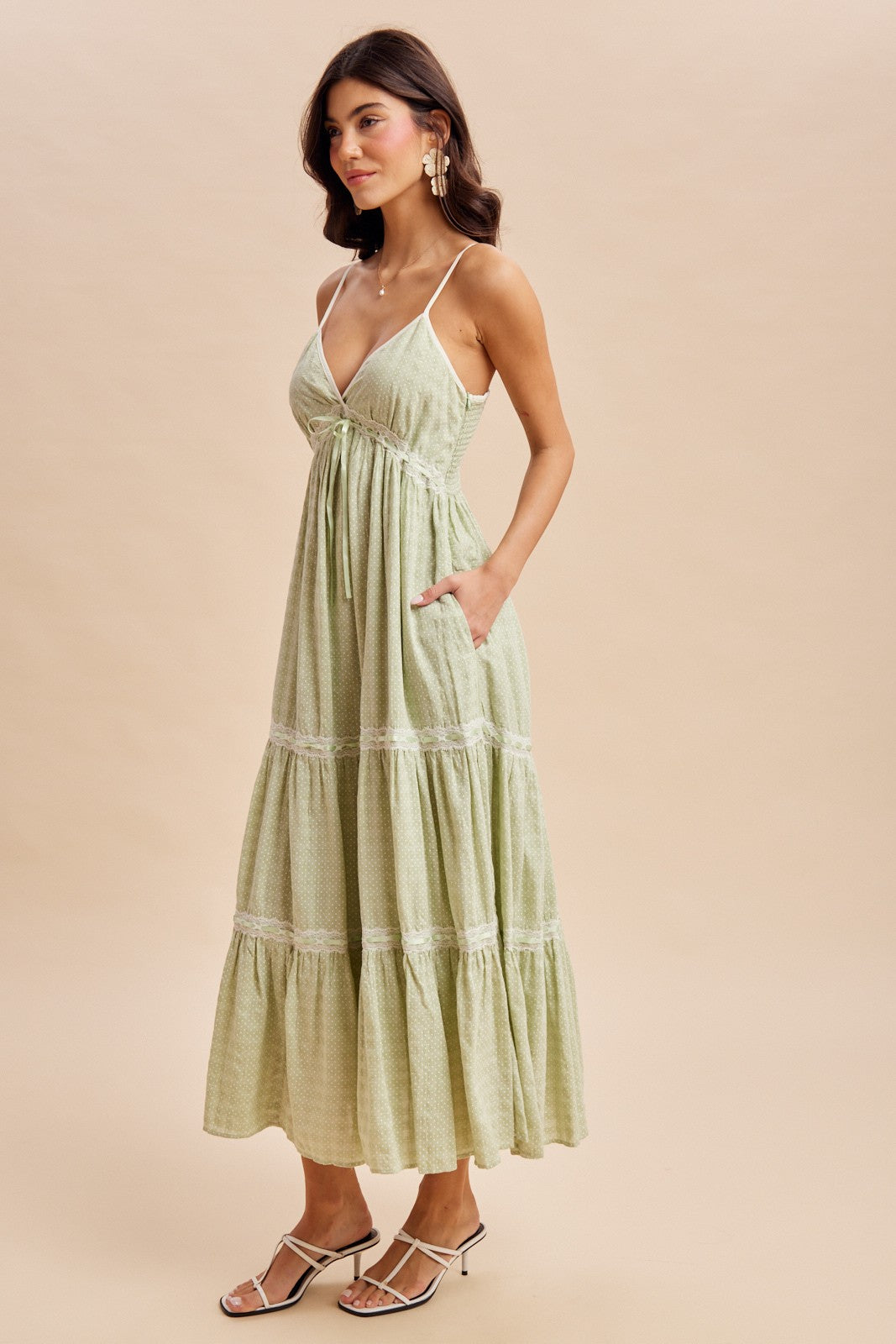 Mint Cream Printed Lace Tiered Maxi Dress